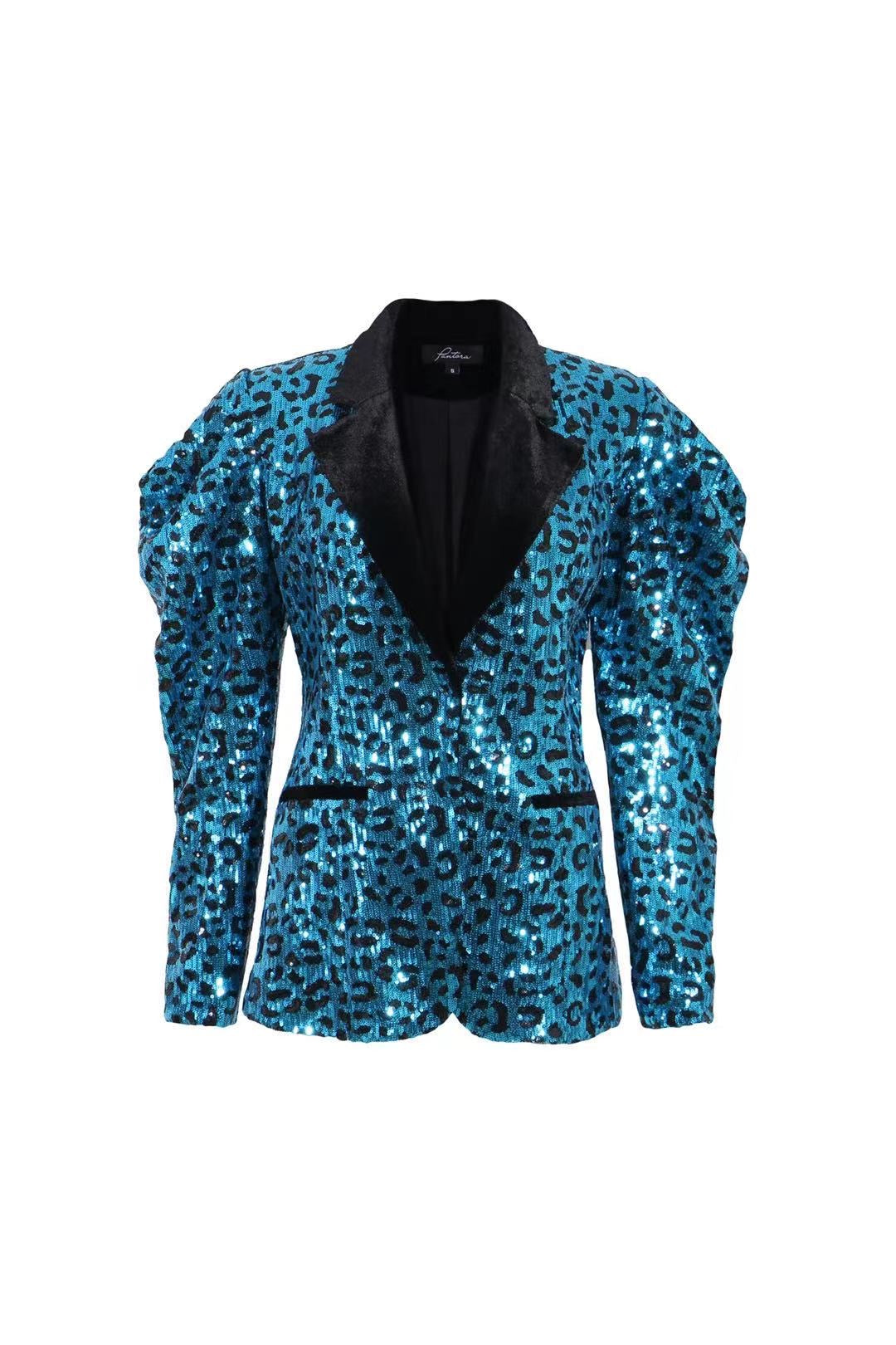 Selena Sequin Blazer - Blue Leopard – Pantora