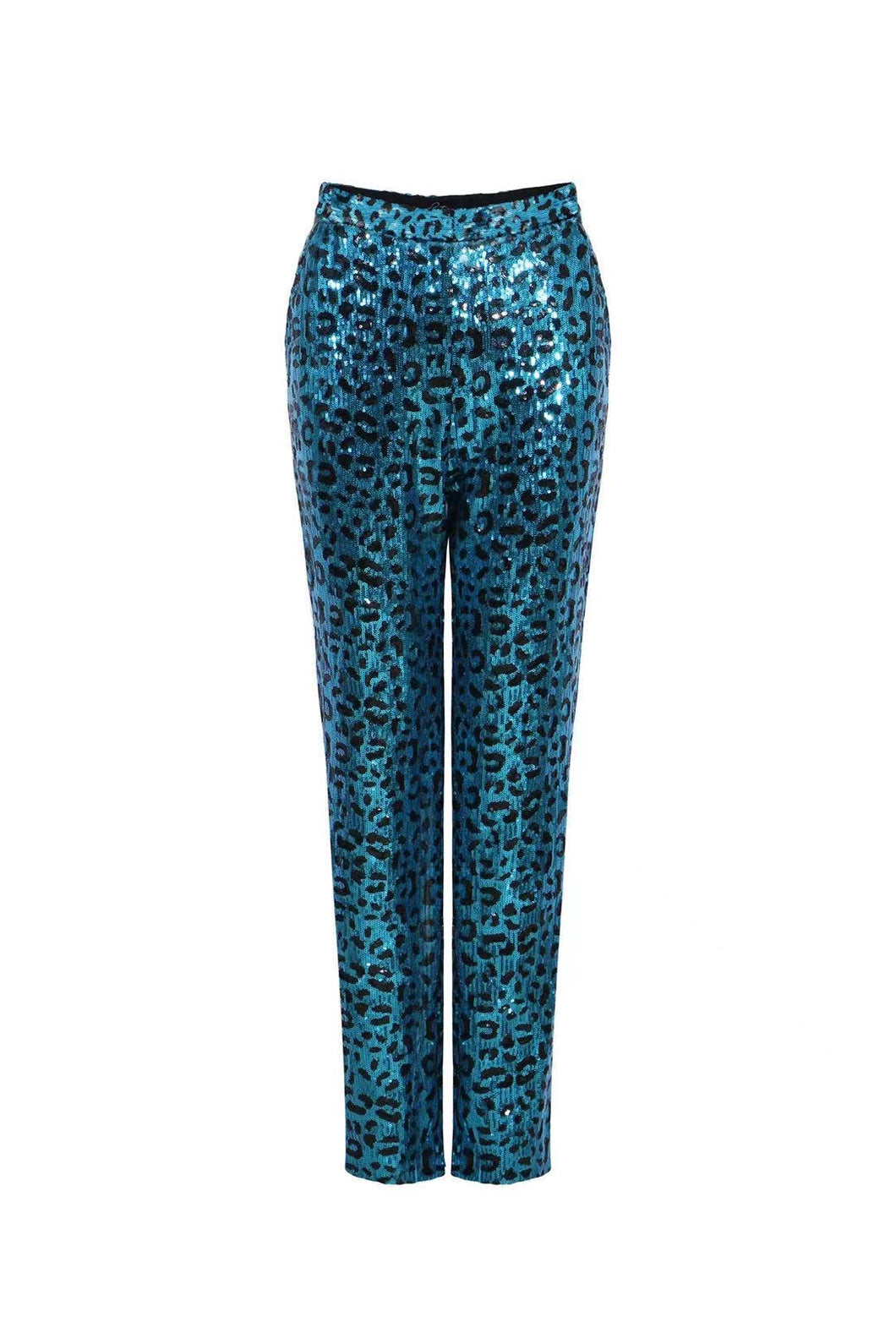 Stacy Sequin Pant- Blue Leopard Print